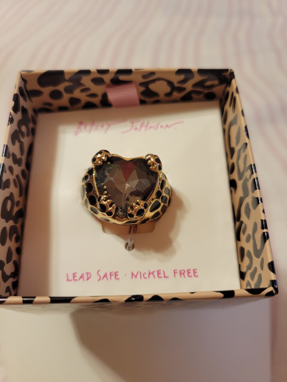 Betsey Johnson Gold-Tone Leopard Paw Ring with Smoky Heart Crystal